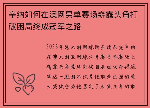 辛纳如何在澳网男单赛场崭露头角打破困局终成冠军之路